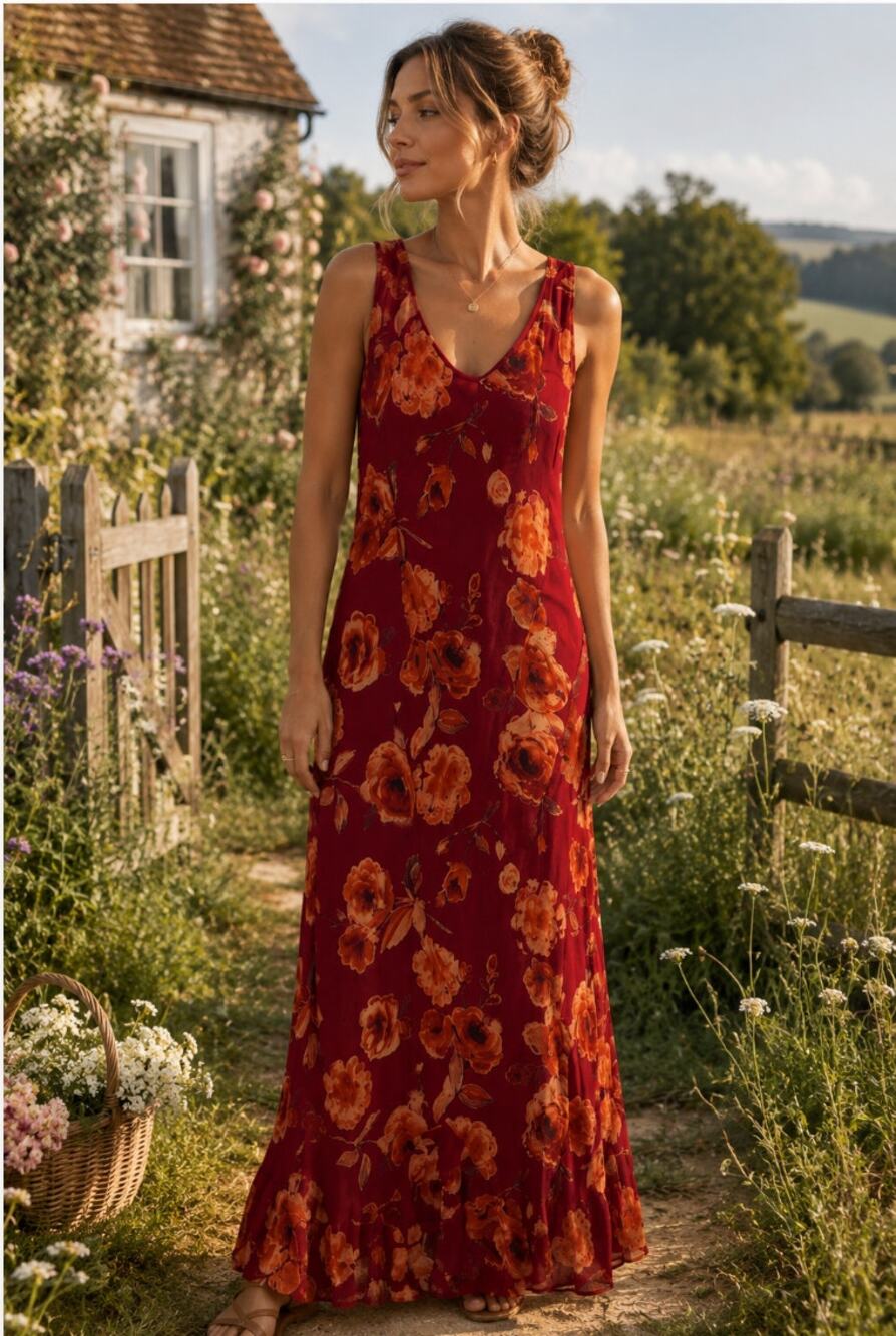 Vintage Dressing Clio Floral Maxi Dress Sz 10 Made in USA Red Cottagecore Boho